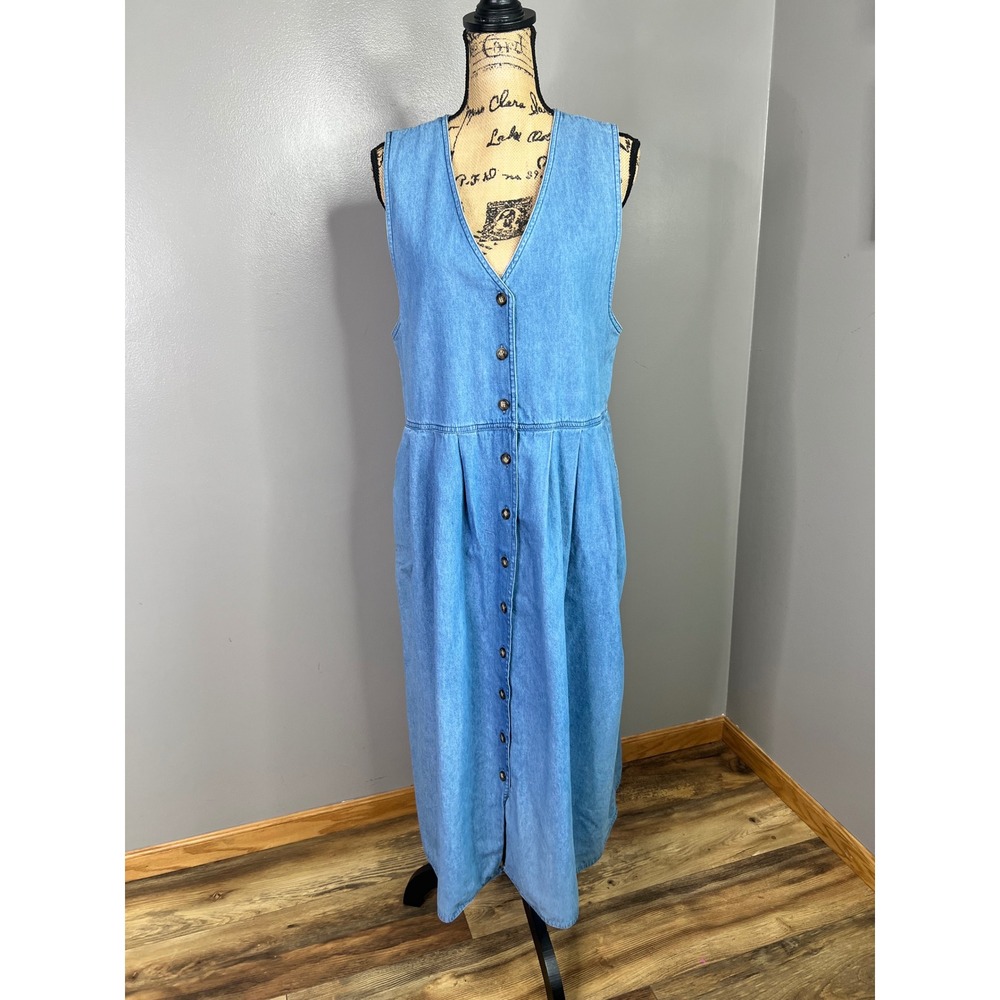 Karen Scott Blue Denim Maxi Dress Womens Medium V-Neck Button Front Cotton 90s